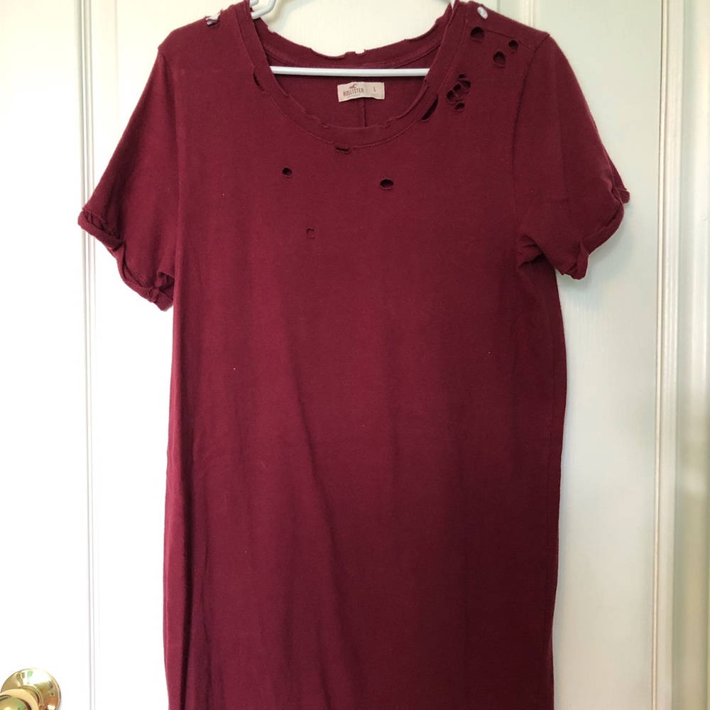 HOLLISTER Distressed Burgundy Casual Cotton T-Shirt Dress Size L